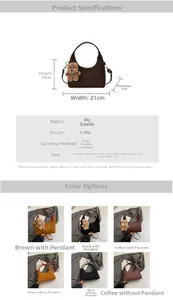 Detailed size specifications and material chart for the suede hobo crossbody bag
