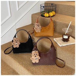 Trio of vintage faux suede tote bags in black, brown and yellow with cute bear charms
