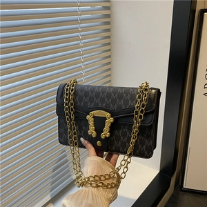 Vintage Women PU Leather Letter Monogram Print Shoulder Bag With Metal Chain Strap Retro Lock Buckle Fashion Crossbody Handbag