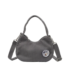 Gray corduroy hobo bag with duck embroidery and adjustable strap for casual daily use