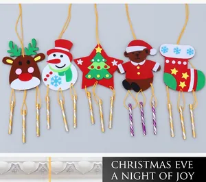 Detail of Christmas DIY felt wind chime ornaments featuring deer, snowman and star designs