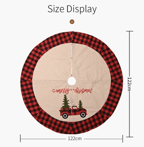 Detailed view of 122cm buffalo plaid Christmas tree skirt with red truck design