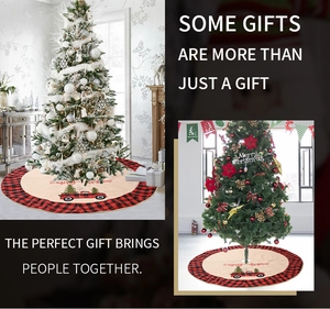 Close-up of buffalo plaid Christmas tree skirt featuring a vintage truck and Merry Christmas text