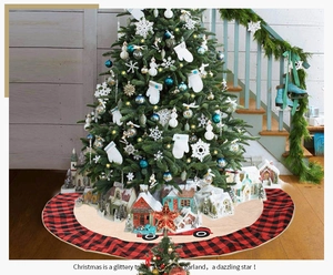 Detail of buffalo plaid Christmas tree skirt with red truck print on beige burlap fabric