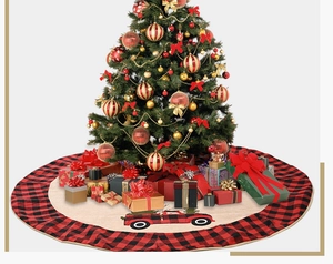 Classic red buffalo plaid Christmas tree skirt with burlap texture and truck print