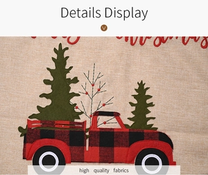 Macro view of high quality burlap fabric with buffalo plaid truck and embroidery