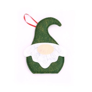 Pendentif de gnome de Noël en feutre vert foncé avec barbe ajourée et ruban rouge élégant