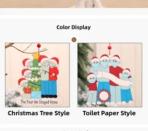 Detail of wooden Christmas ornaments featuring masked figures and toilet paper rolls
