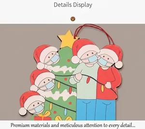 Detail showing wooden Christmas tree ornament with 5 figures wearing masks on snowy branch