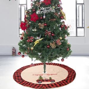 Christmas tree skirt with buffalo plaid edge and vintage red truck merry christmas design