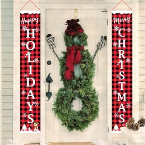 Christmas buffalo plaid door banners with Merry Christmas and Happy Holidays prints