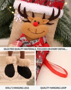 Detail of red burlap Christmas stocking featuring 3D reindeer doll and plush long legs