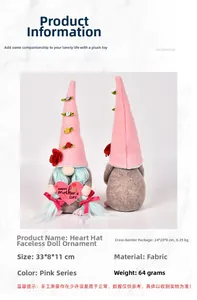 Detailed view of pink faceless gnome doll with Happy Mother's Day heart and floral hat