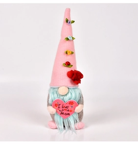 Close-up of Mother's Day gnome with I Love You Mom heart and blue beard detail