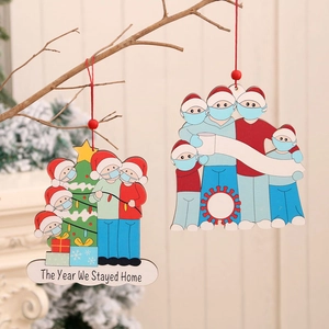 Wooden Christmas Hanging Ornament Painted Mask Wearing Family Pandemic Anniversary The Year We Stayed Home Festive Tree Decor