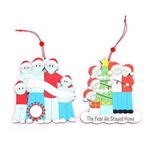 Custom wood Christmas survivor ornaments featuring masked family and home stay theme