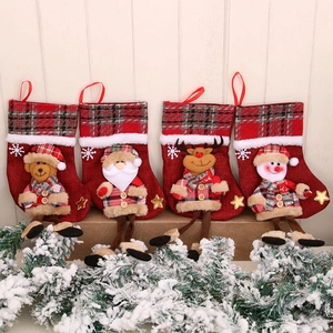Set of four Christmas stockings with 3D Santa, Bear, Deer, and Snowman with long legs