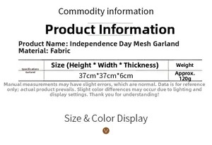 Detailed specifications table for the Independence Day mesh wreath showing 37cm size