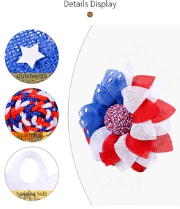 Detailed display of USA flag colors patriotic wreath with yarn ball and hanging hole