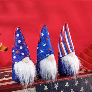 Three Patriotic Independence Day gnomes with star and stripe patterns on red background
