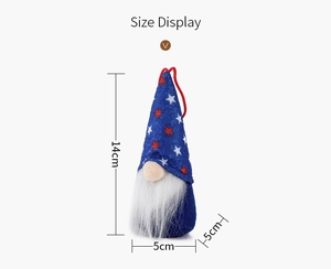 Size display of a patriotic gnome plush with starry blue hat and white beard detail