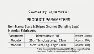 Tabla de tallas con dimensiones y peso para el gnomo de peluche de barras y estrellas