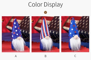 Close-up of patriotic gnome pendants with stars and stripes patterns for Independence Day