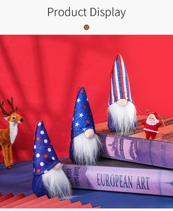Close-up of Independence Day gnome ornaments with patriotic stars and stripes fabric hats