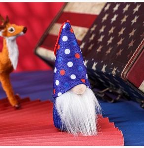 Detail of Fourth of July gnome ornament with blue polka dot hat and white fuzzy beard