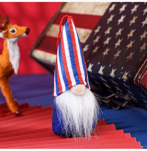Detail of Fourth of July gnome ornament with striped hat and white beard decoration