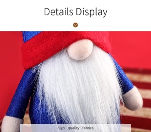 Detail view of high quality fabrics and white plush beard on 4th of July gnome doll