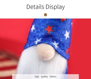 Close-up of Independence Day gnome showing blue plush hat and white faux fur beard details