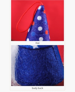 Macro detail of Patriotic gnome plush hat with polka dots and felt body back stitching