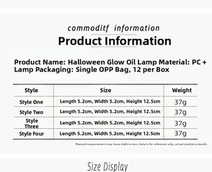 Tableau des tailles détaillé pour lampe à huile Halloween avec spécifications PC