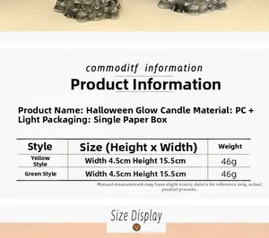 Size chart showing height and weight for Halloween LED ghost hand candle decorations