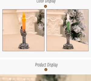 Detailed view of LED Halloween candle light with skeleton hand and skull base in two colors