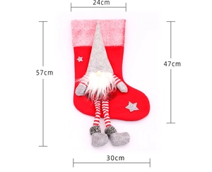 Detailed size specifications for red Christmas gnome stocking with long legs and grey stars