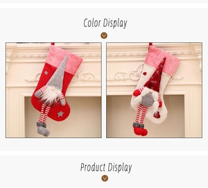 Detail of plush gnome Christmas stockings with 3D legs hanging on a white fireplace mantle