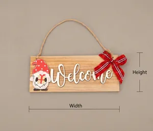 Detail view of wooden Christmas welcome sign with gnome decoration and burlap rope