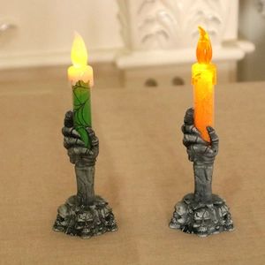 Halloween LED candle lights with ghost hand skeleton base in green and orange