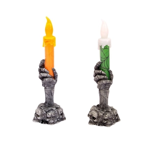 Bougies LED Halloween main de crâne en orange et vert avec motifs d'araignée
