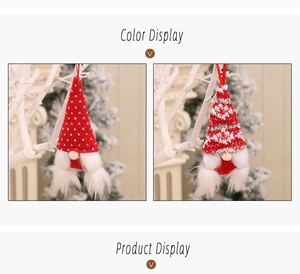 Detail of Christmas gnome ornaments with knitted hats and white faux fur beards