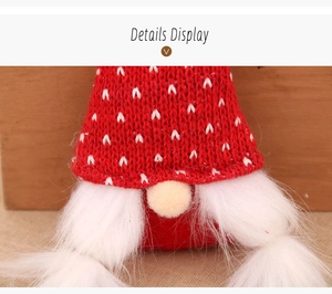 Detailed texture of red knitted gnome hat with white dots and soft faux fur beard