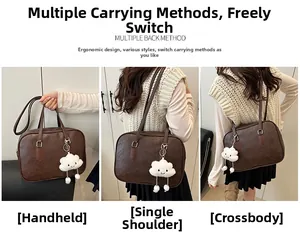 Brown vintage bowling bag shown in three styles: handbag, shoulder bag, and crossbody use
