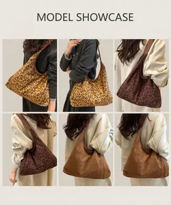 Three leopard print tote bags in hobo style showing size and capacity on model