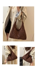 Three-way view of a large leopard print tote bag showing front, back, and side details