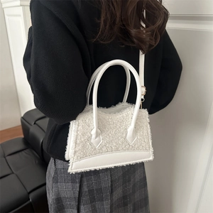 White faux fur crossbody tote bag with leather trim for women in autumn and winter