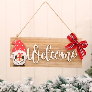 Christmas wooden welcome sign with festive gnome, red plaid bow and natural wood texture