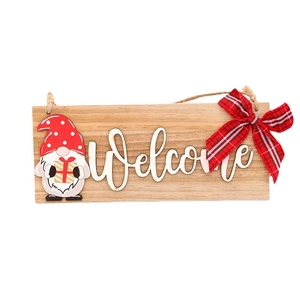 Christmas wooden welcome door sign with gnome pattern and red buffalo plaid bow ornament