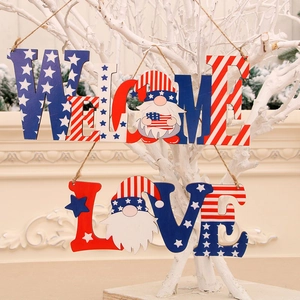Décoration De Porte Patriotique En Bois Jour De L'Indépendance Bienvenue Amour Gnome Étoiles Rayures Rouge Blanc Bleu